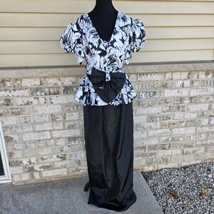 Vintage 80s Black White Floral Prom Dress Peplum Bow Formal Gown Small